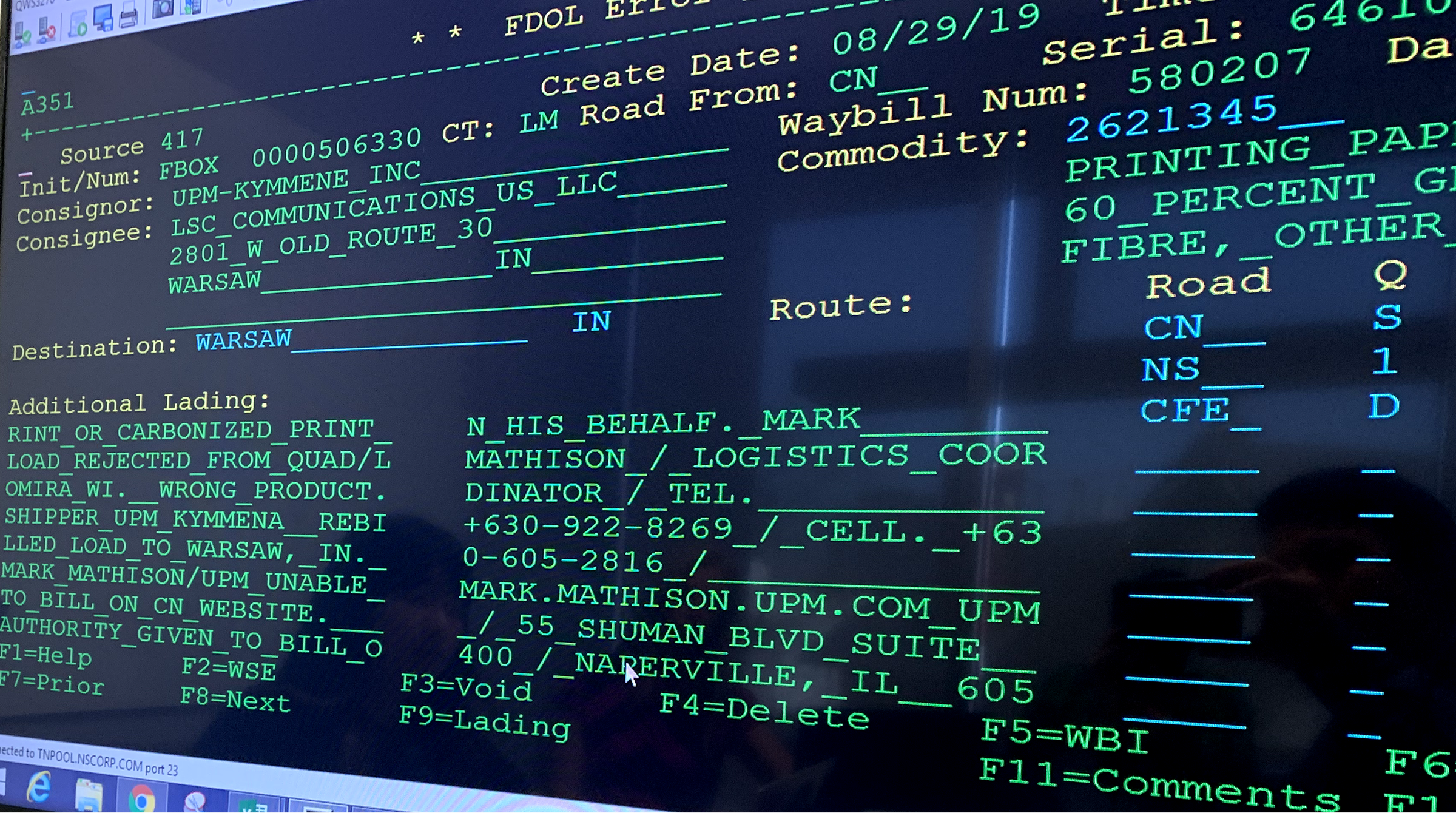 Legacy terminal interface showing order processing screen